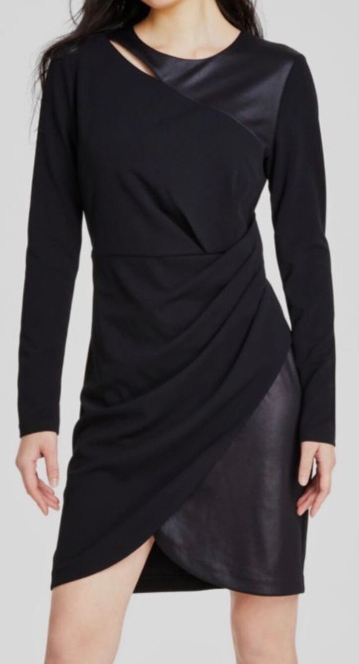 DKNY Black Glazed Mixed Media Cutout Neck Side Draped Dress 8 NWOT